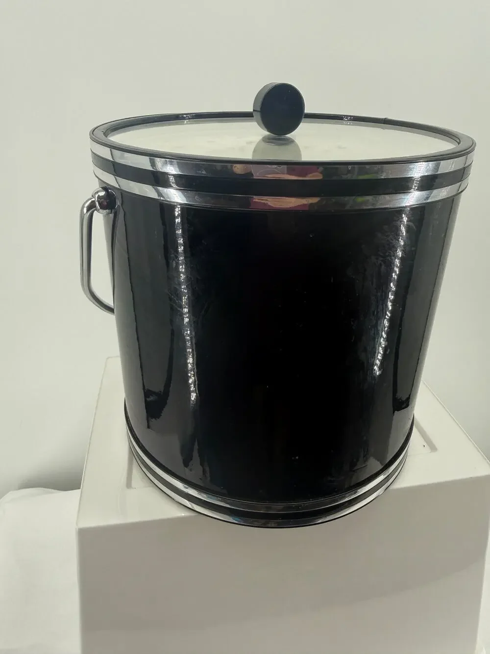 Vintage Black Ice Bucket Mid Century Barware Chrome Trim Lucite Acrylic